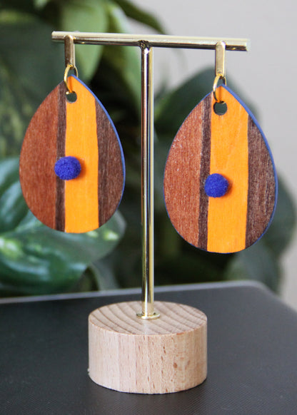 Brown and Orange Linear Patterned with Pom-pom Teardrop Earrings