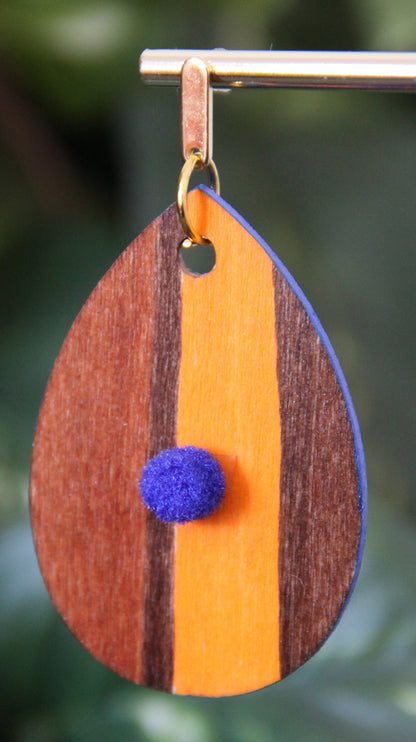 Brown and Orange Linear Patterned with Pom-pom Teardrop Earrings