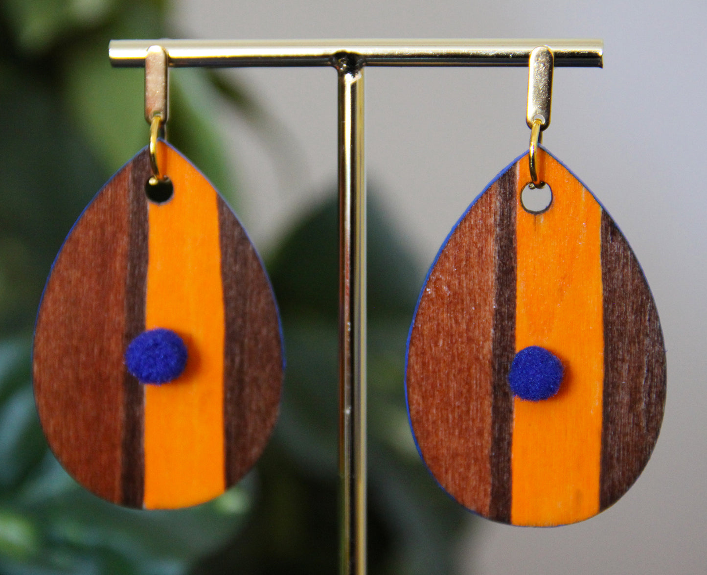 Brown and Orange Linear Patterned with Pom-pom Teardrop Earrings
