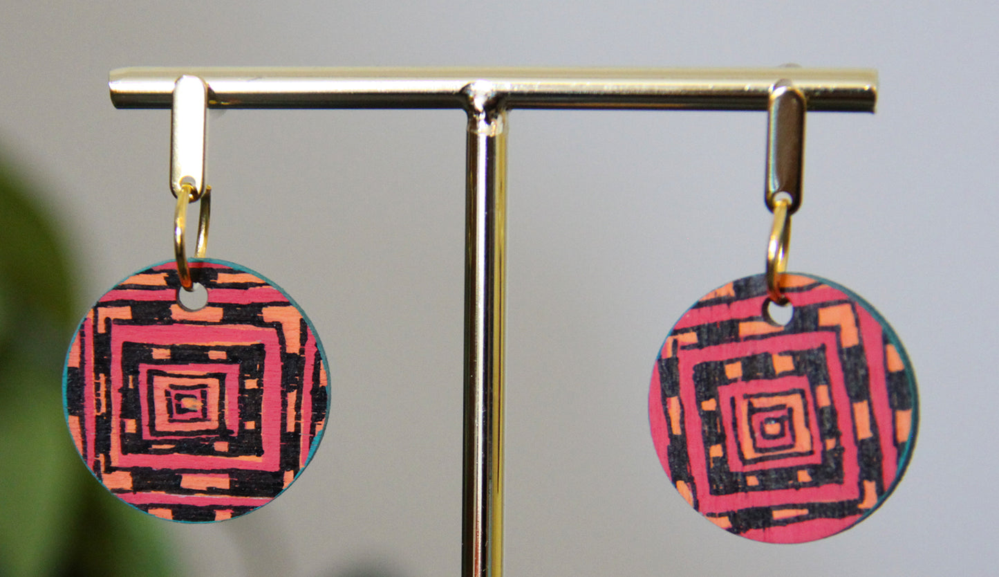 Red, Orange and Black Geometric Circular Earrings