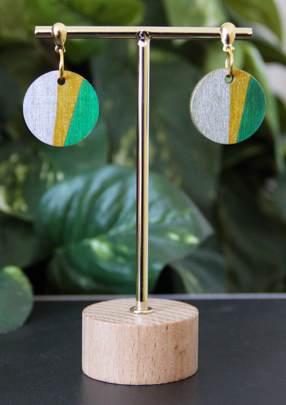 Silver, Gold and Green Linear Circular Earrings