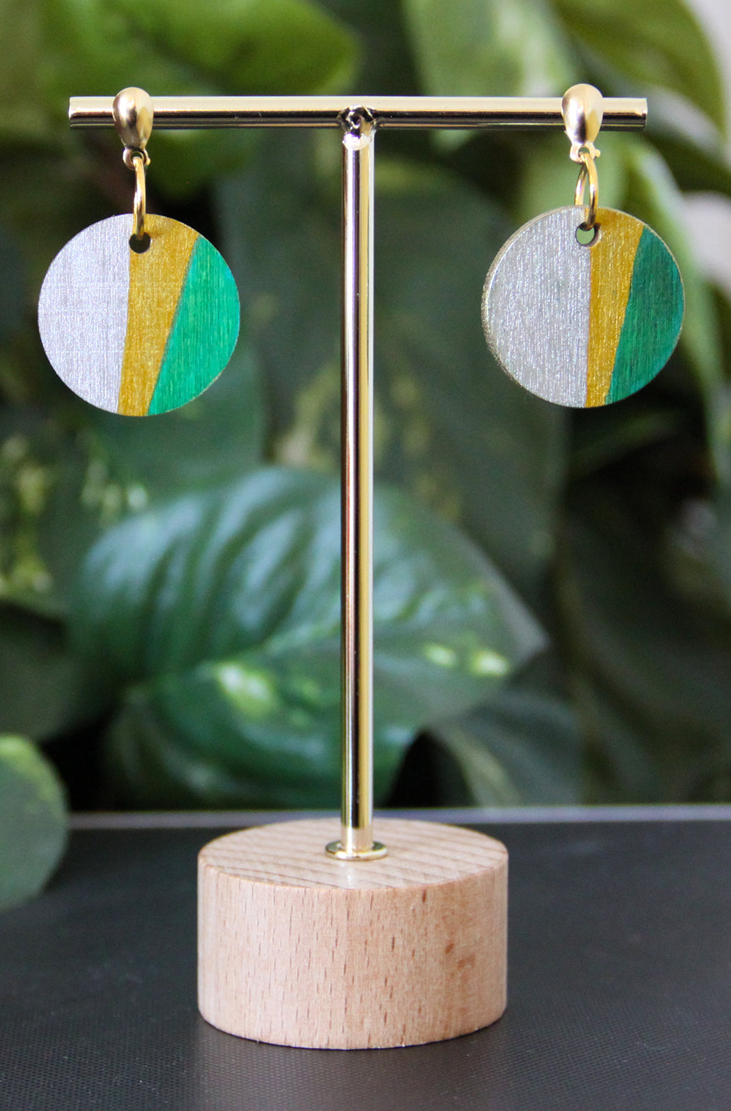 Silver, Gold and Green Linear Circular Earrings