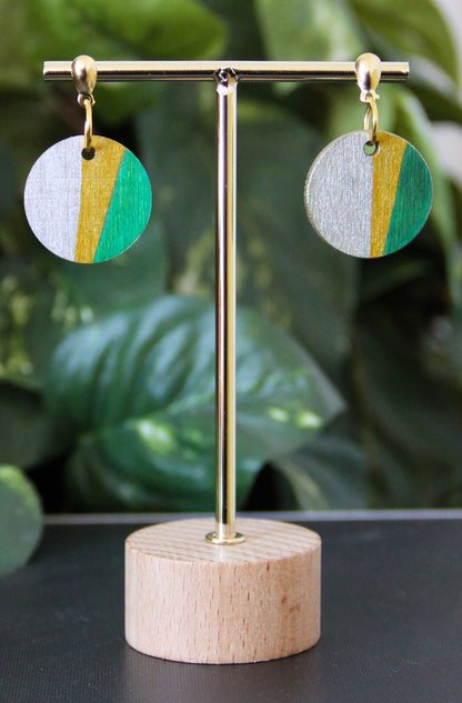 Silver, Gold and Green Linear Circular Earrings