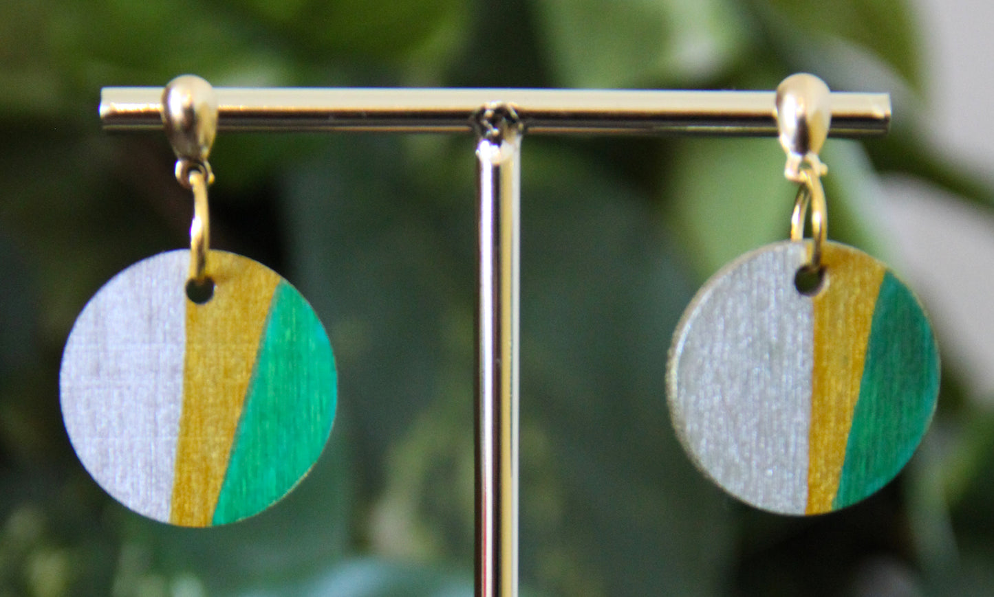 Silver, Gold and Green Linear Circular Earrings
