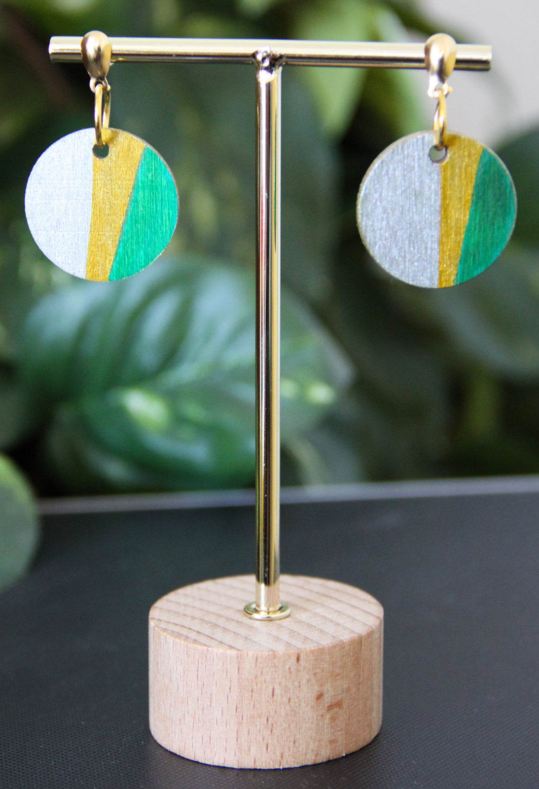 Silver, Gold and Green Linear Circular Earrings