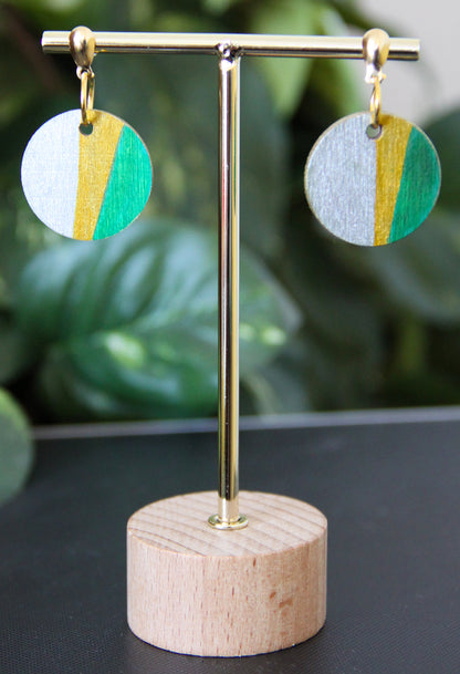 Silver, Gold and Green Linear Circular Earrings
