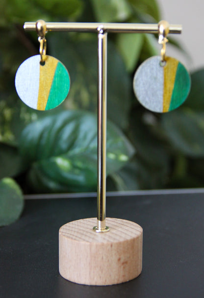 Silver, Gold and Green Linear Circular Earrings