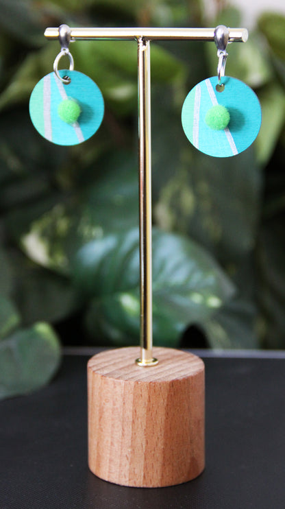 Blue, Teal and Silver Linear with Pom-pom Circular Earrings