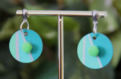 Blue, Teal and Silver Linear with Pom-pom Circular Earrings