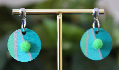 Blue, Teal and Silver Linear with Pom-pom Circular Earrings