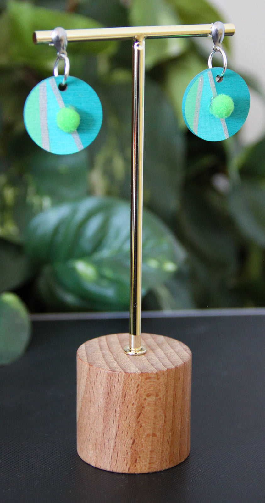 Blue, Teal and Silver Linear with Pom-pom Circular Earrings