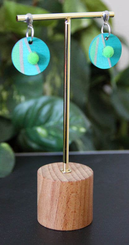 Blue, Teal and Silver Linear with Pom-pom Circular Earrings