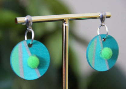 Blue, Teal and Silver Linear with Pom-pom Circular Earrings