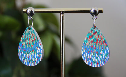Blue and Green with Silver Polka Dots Small Teardrop Earrings