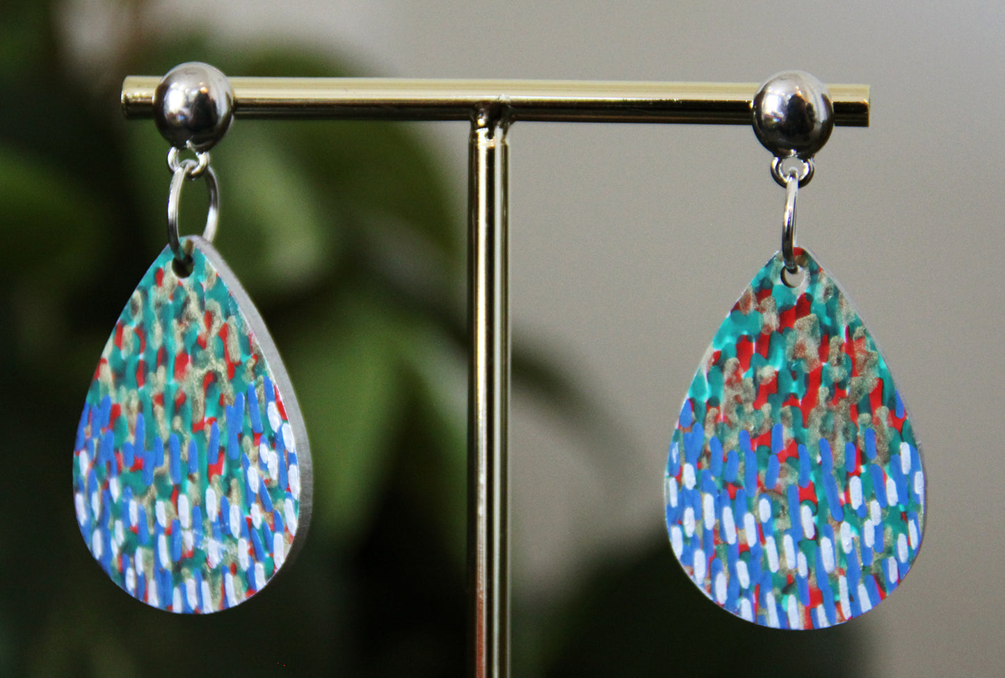 Blue and Green with Silver Polka Dots Small Teardrop Earrings