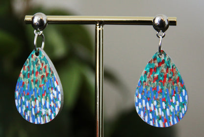 Blue and Green with Silver Polka Dots Small Teardrop Earrings