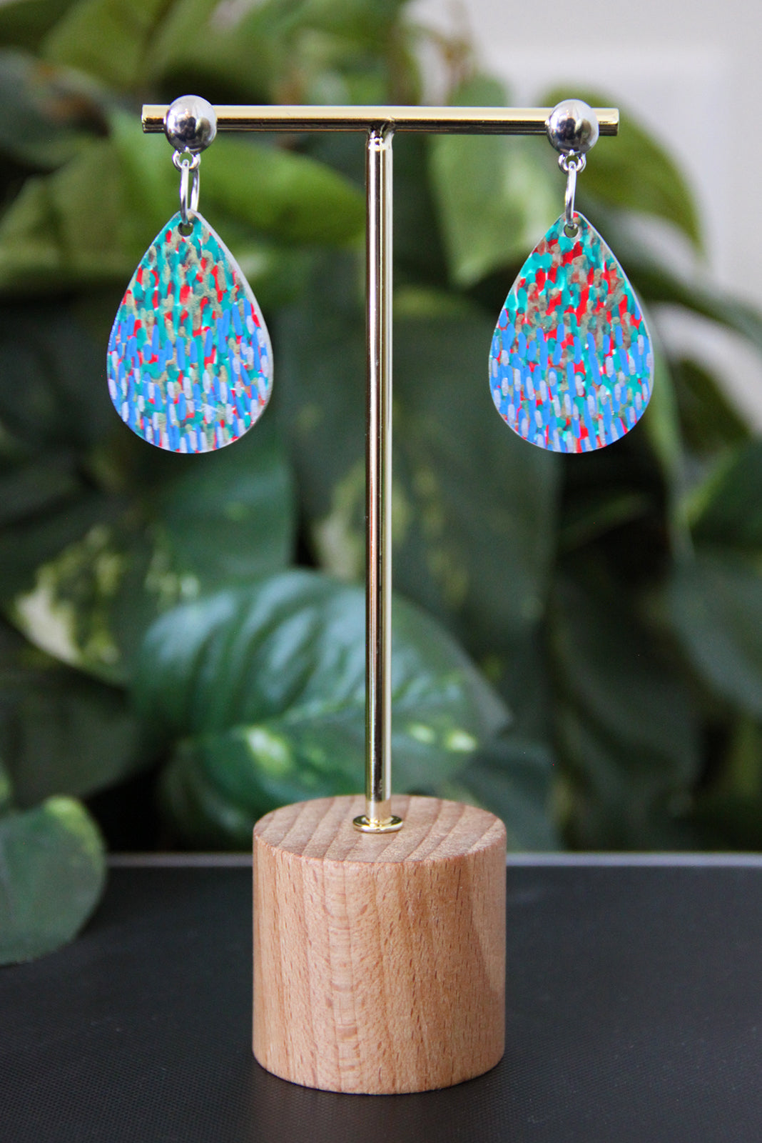 Blue and Green with Silver Polka Dots Small Teardrop Earrings