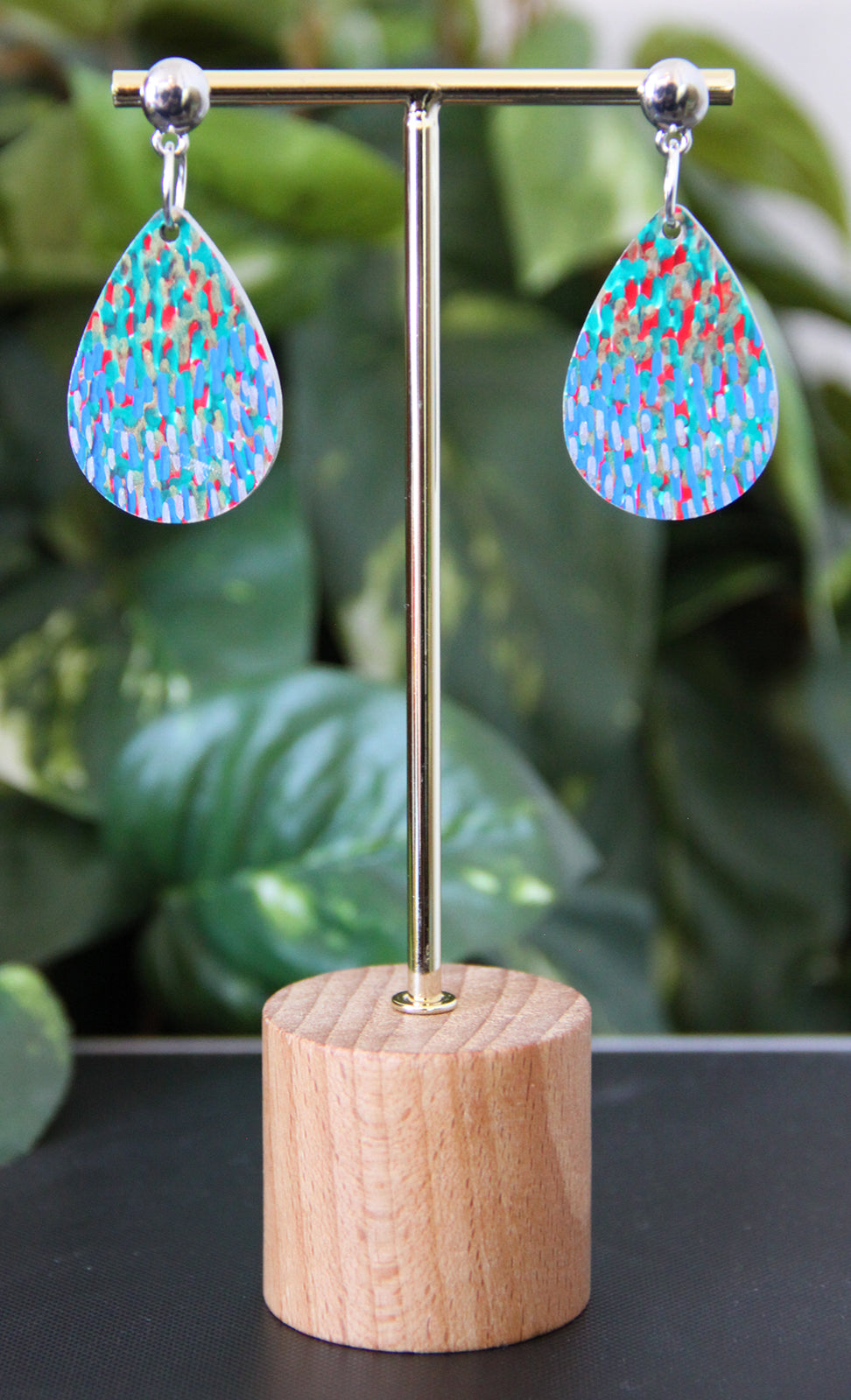 Blue and Green with Silver Polka Dots Small Teardrop Earrings