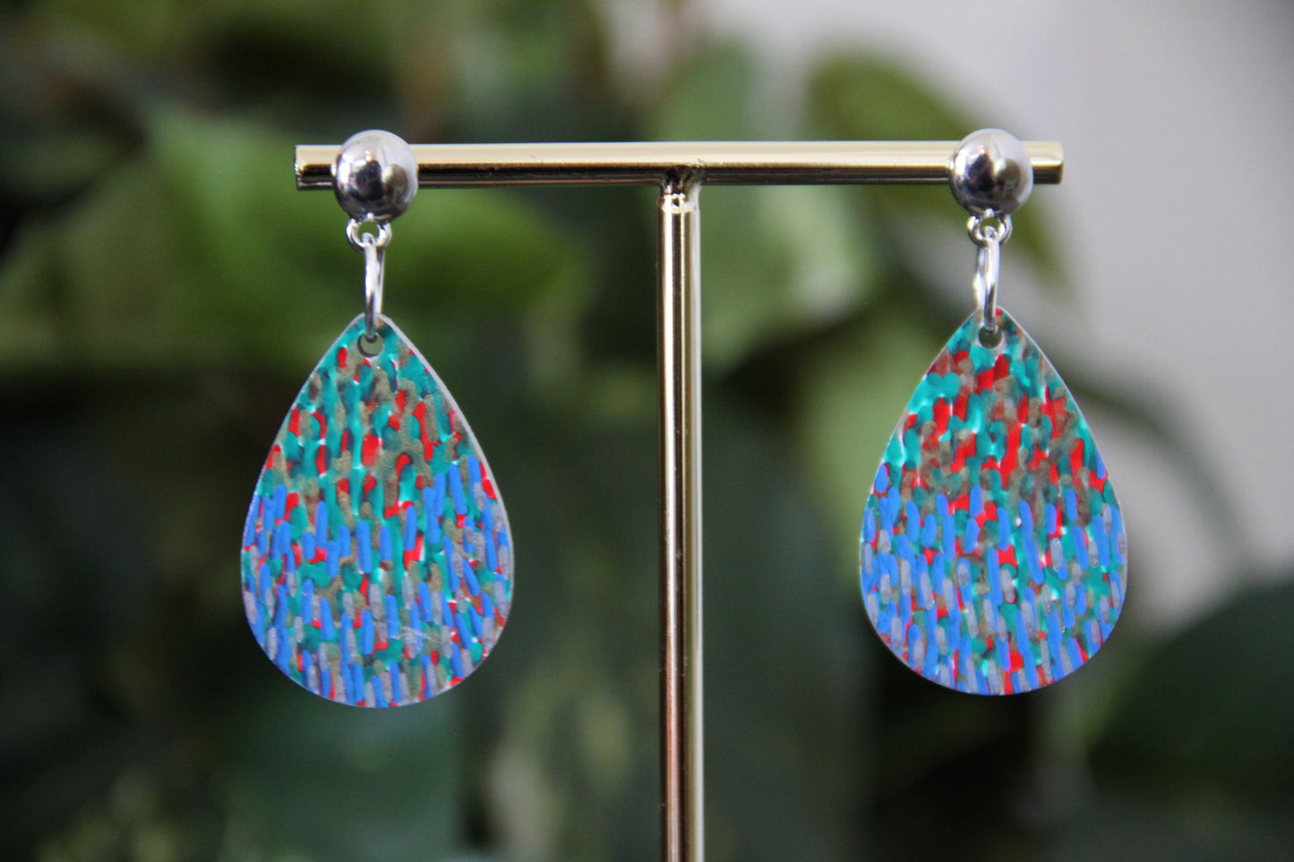 Blue and Green with Silver Polka Dots Small Teardrop Earrings