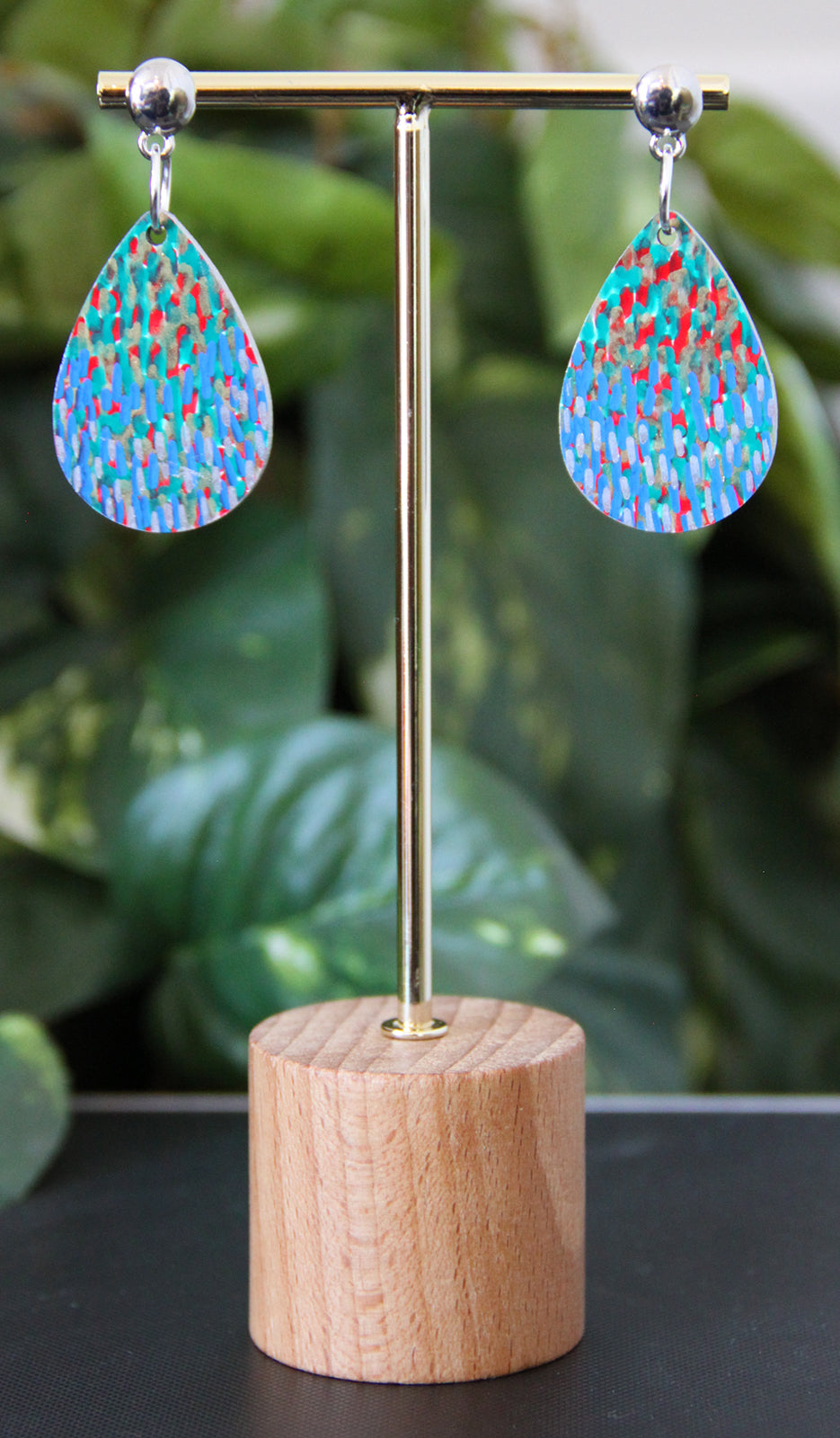 Blue and Green with Silver Polka Dots Small Teardrop Earrings