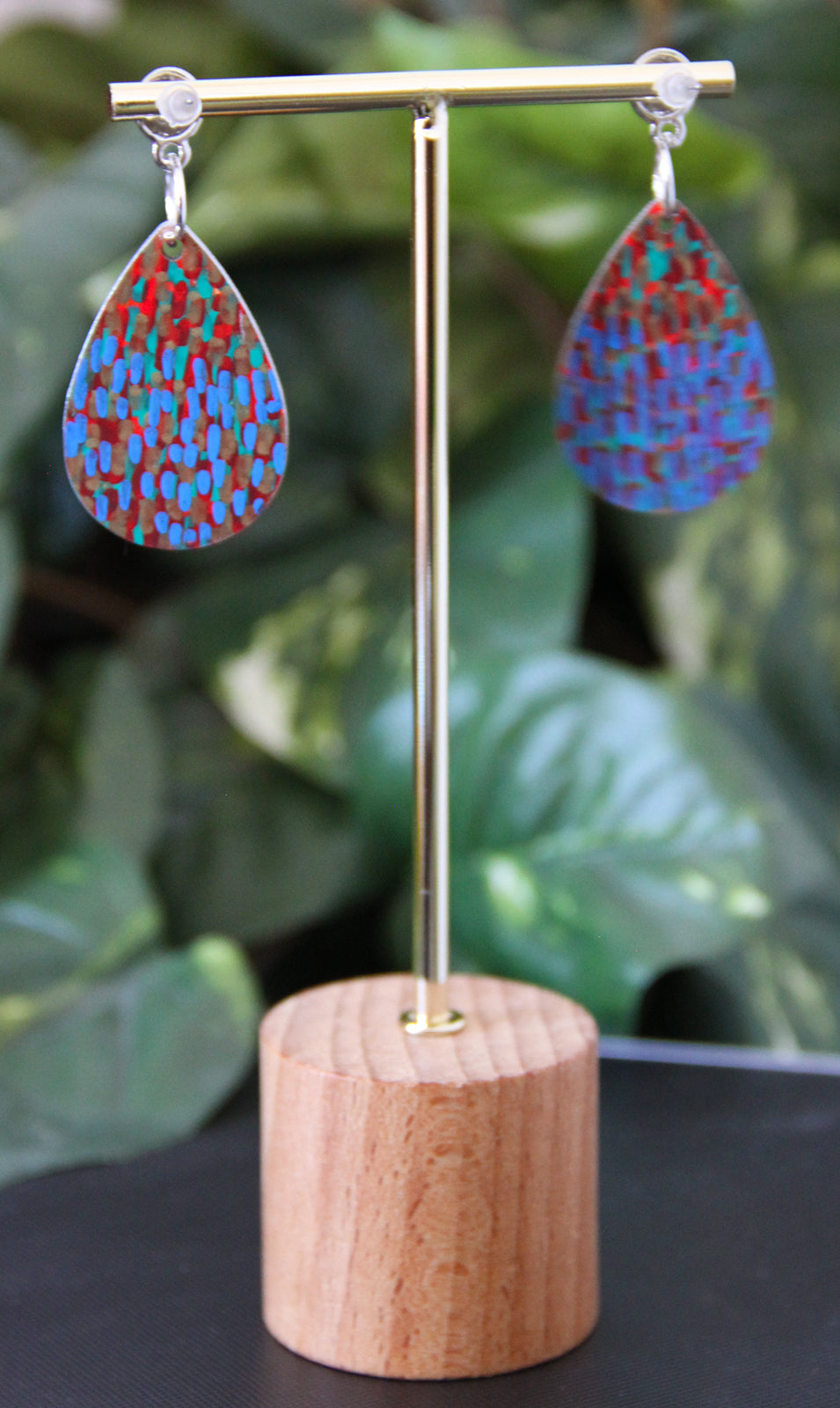 Blue and Green with Silver Polka Dots Small Teardrop Earrings