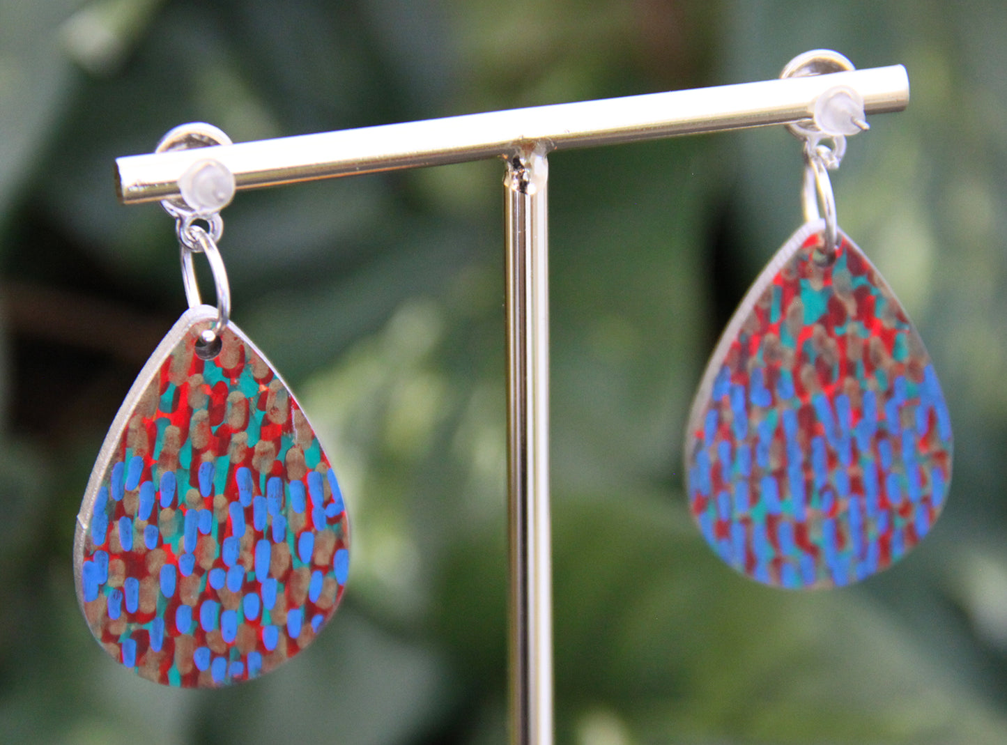 Blue and Green with Silver Polka Dots Small Teardrop Earrings