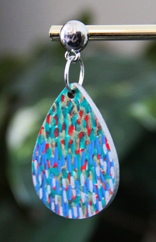 Blue and Green with Silver Polka Dots Small Teardrop Earrings