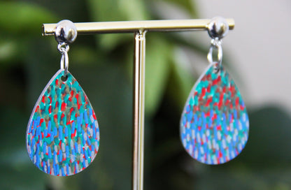 Blue and Green with Silver Polka Dots Small Teardrop Earrings