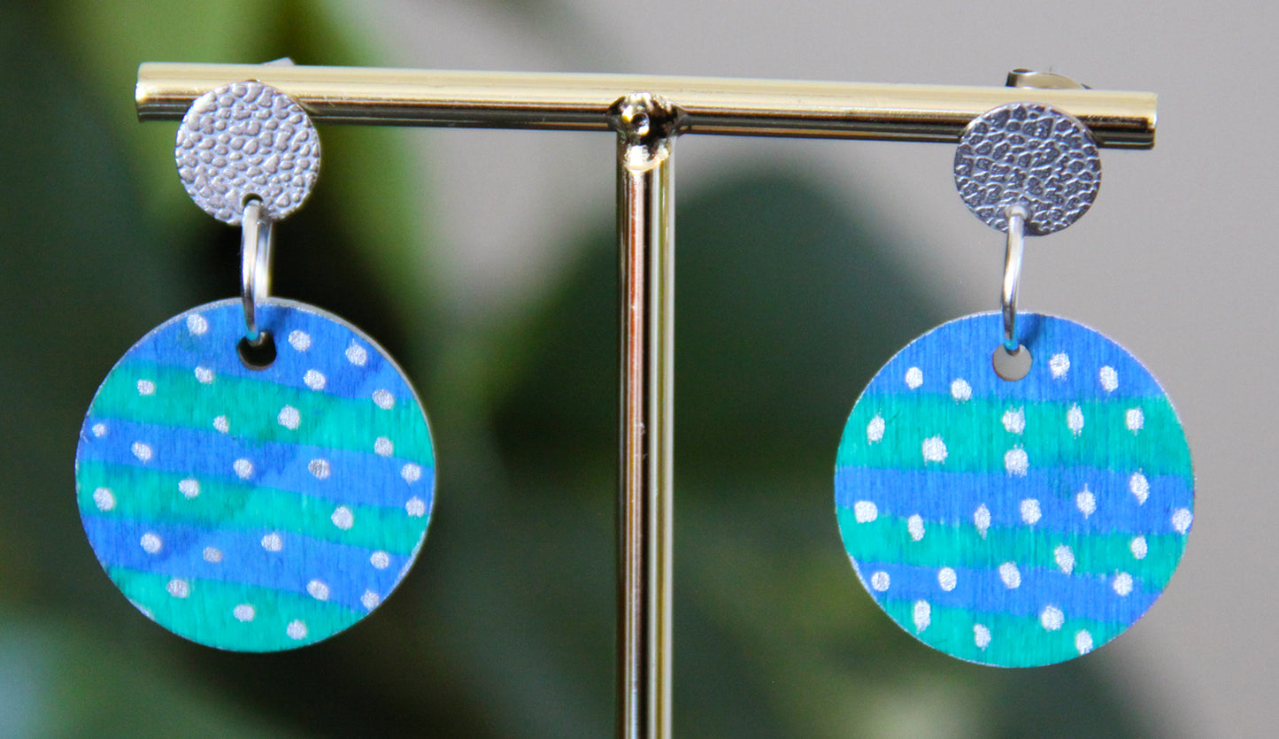 Blue and Green with Silver Polka Dots Circular Earrings