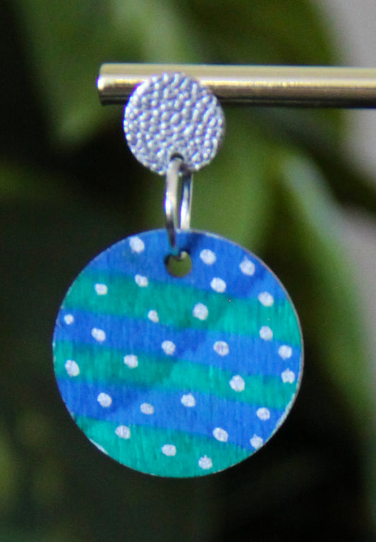 Blue and Green with Silver Polka Dots Circular Earrings