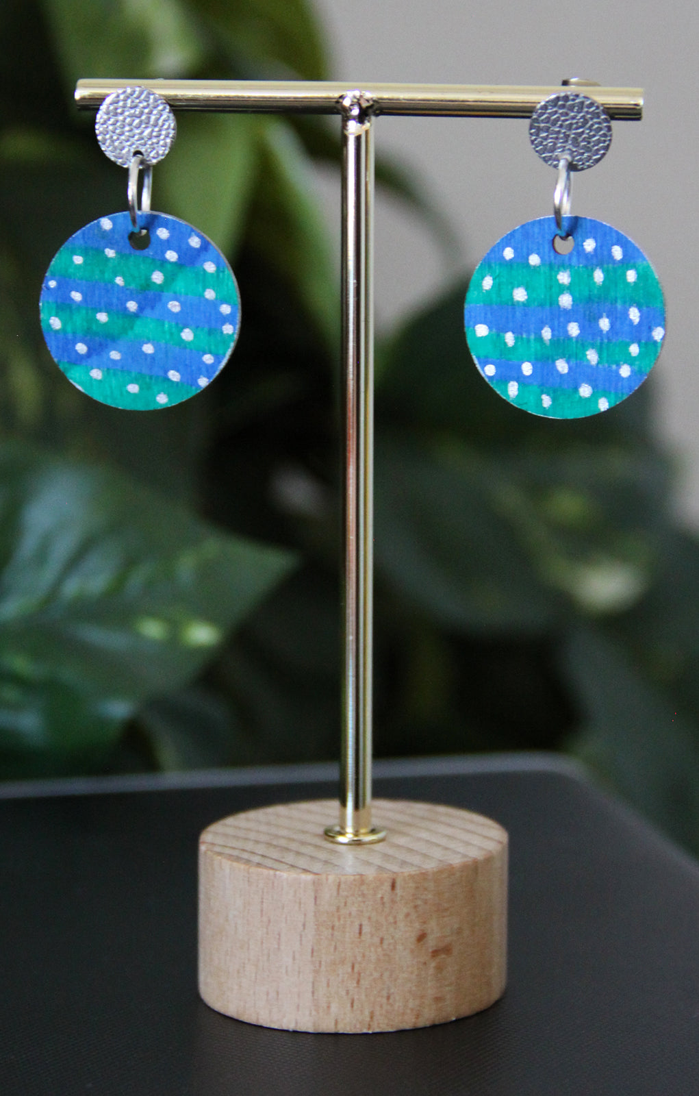 Blue and Green with Silver Polka Dots Circular Earrings