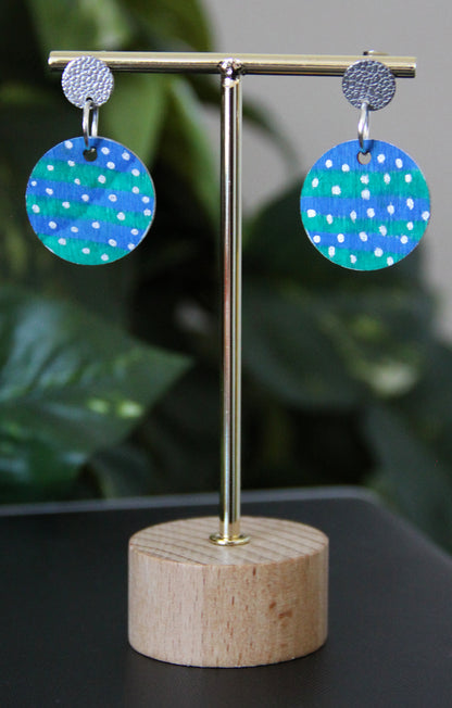 Blue and Green with Silver Polka Dots Circular Earrings