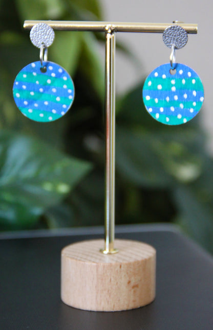 Blue and Green with Silver Polka Dots Circular Earrings