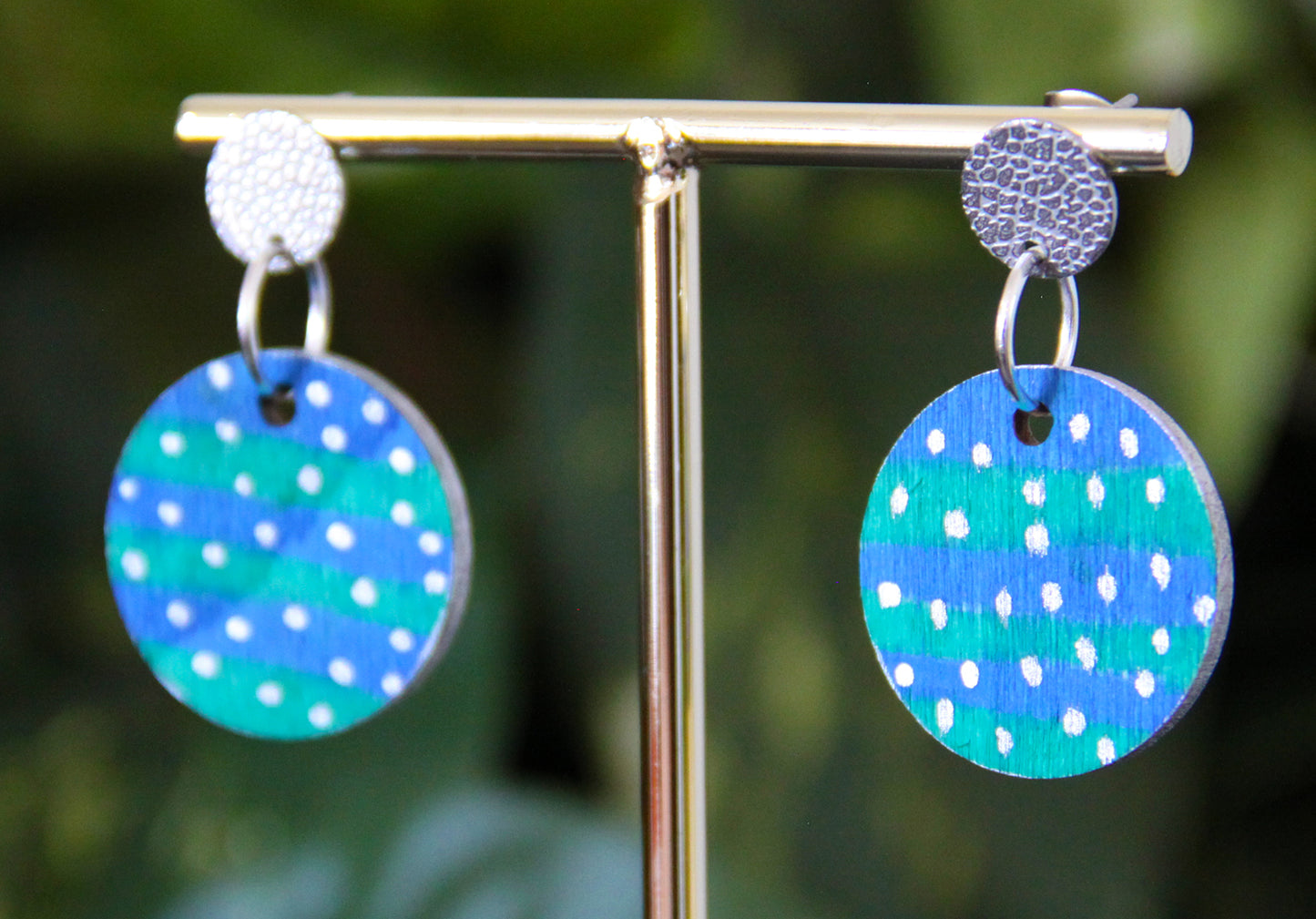 Blue and Green with Silver Polka Dots Circular Earrings