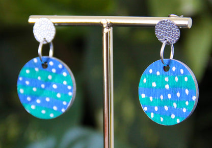 Blue and Green with Silver Polka Dots Circular Earrings