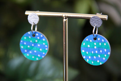 Blue and Green with Silver Polka Dots Circular Earrings