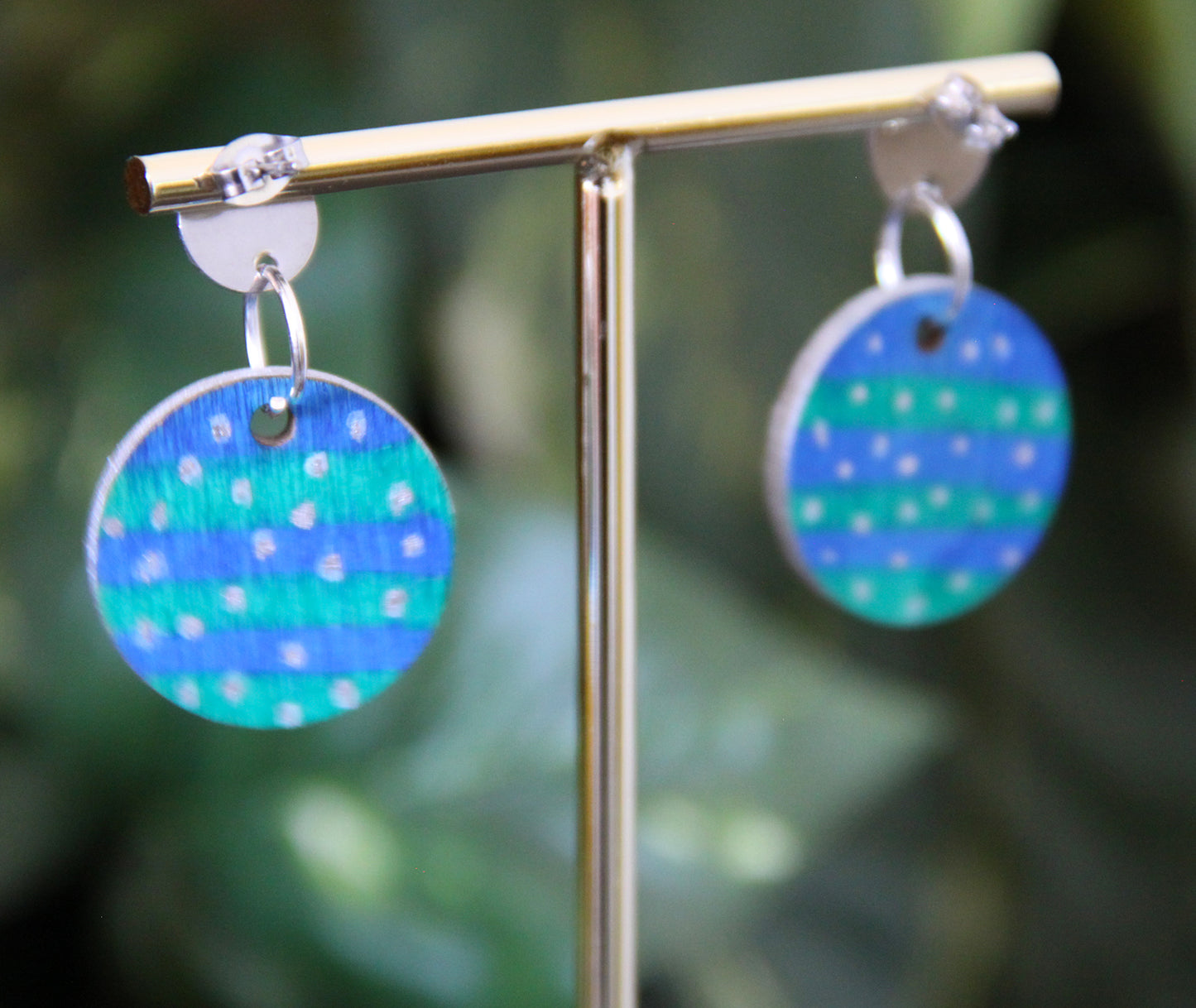 Blue and Green with Silver Polka Dots Circular Earrings