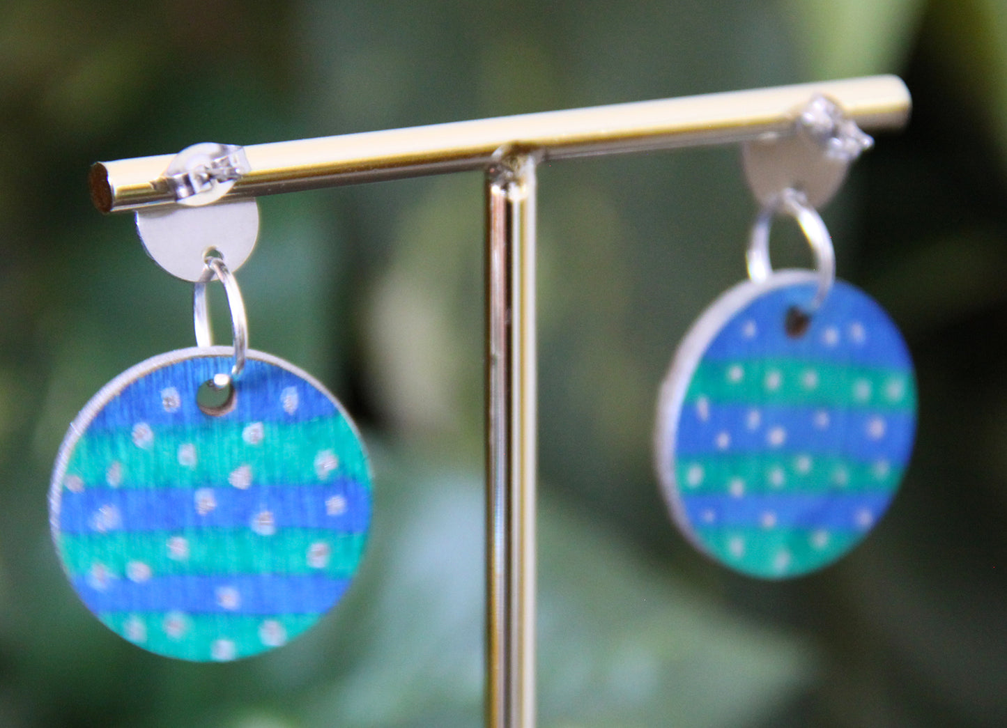 Blue and Green with Silver Polka Dots Circular Earrings