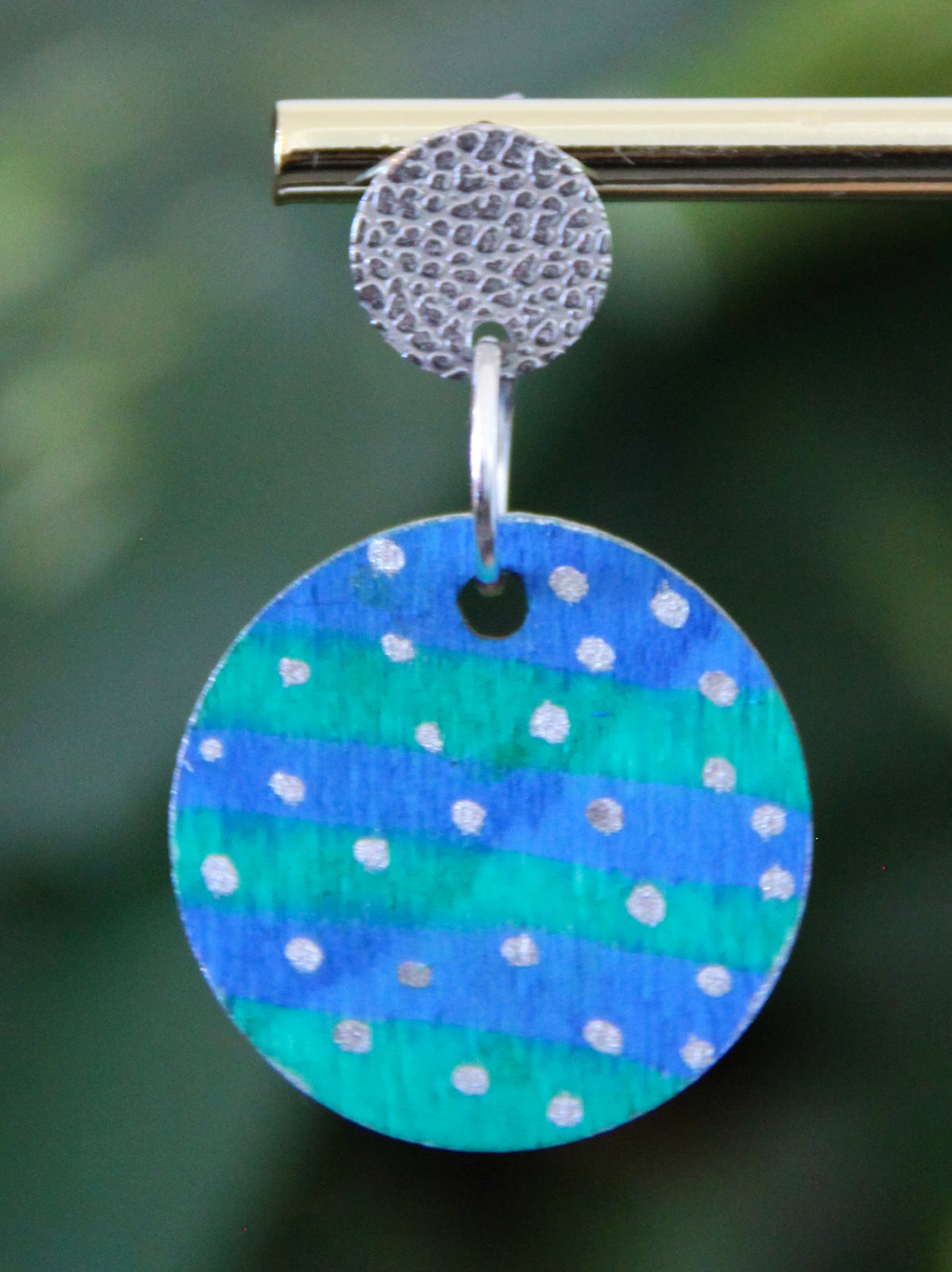Blue and Green with Silver Polka Dots Circular Earrings