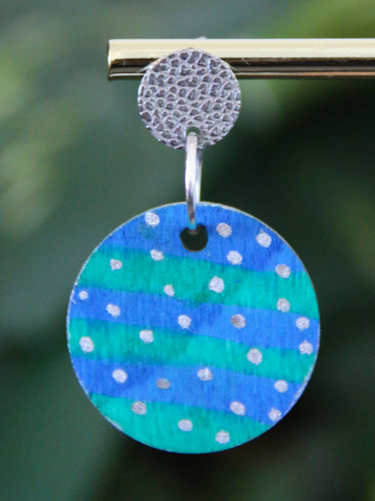 Blue and Green with Silver Polka Dots Circular Earrings