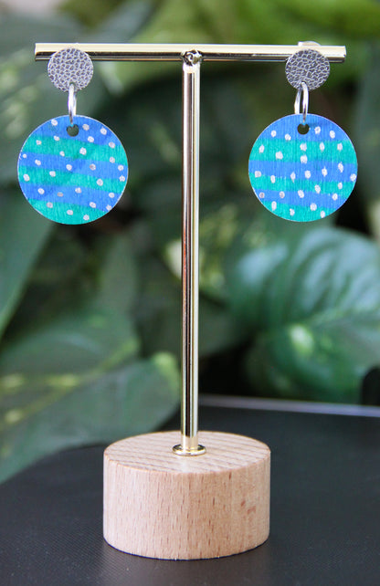 Blue and Green with Silver Polka Dots Circular Earrings