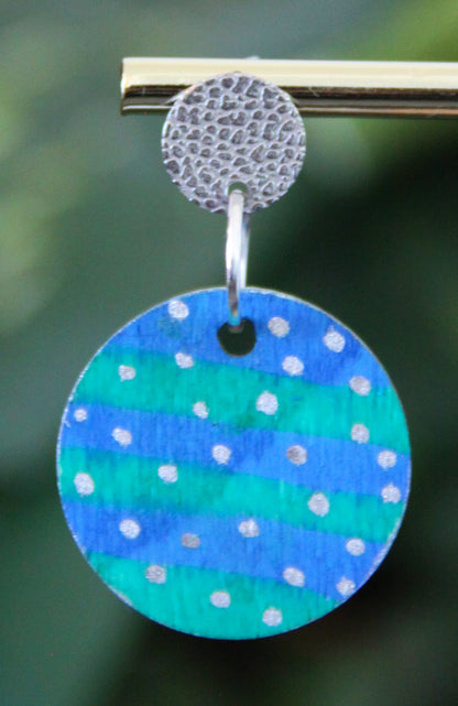 Blue and Green with Silver Polka Dots Circular Earrings