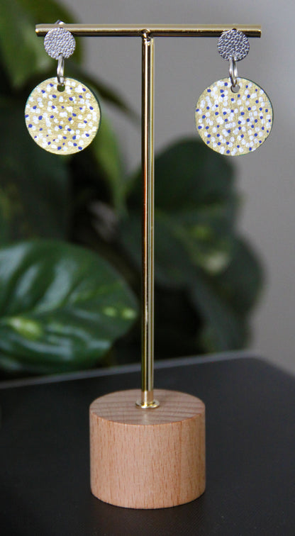 Gold with Silver and Blue Polka Dots Circular Earrings