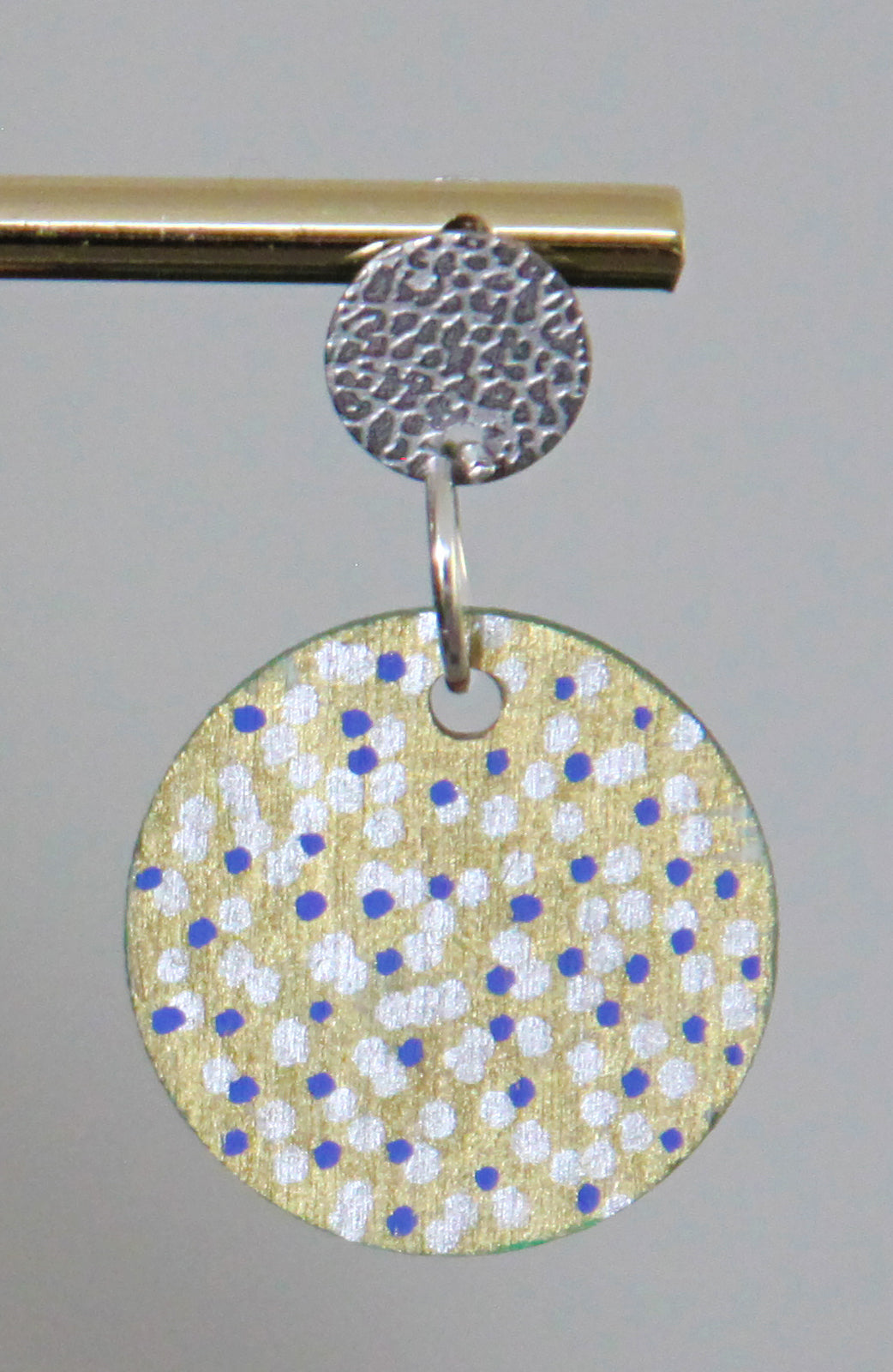 Gold with Silver and Blue Polka Dots Circular Earrings