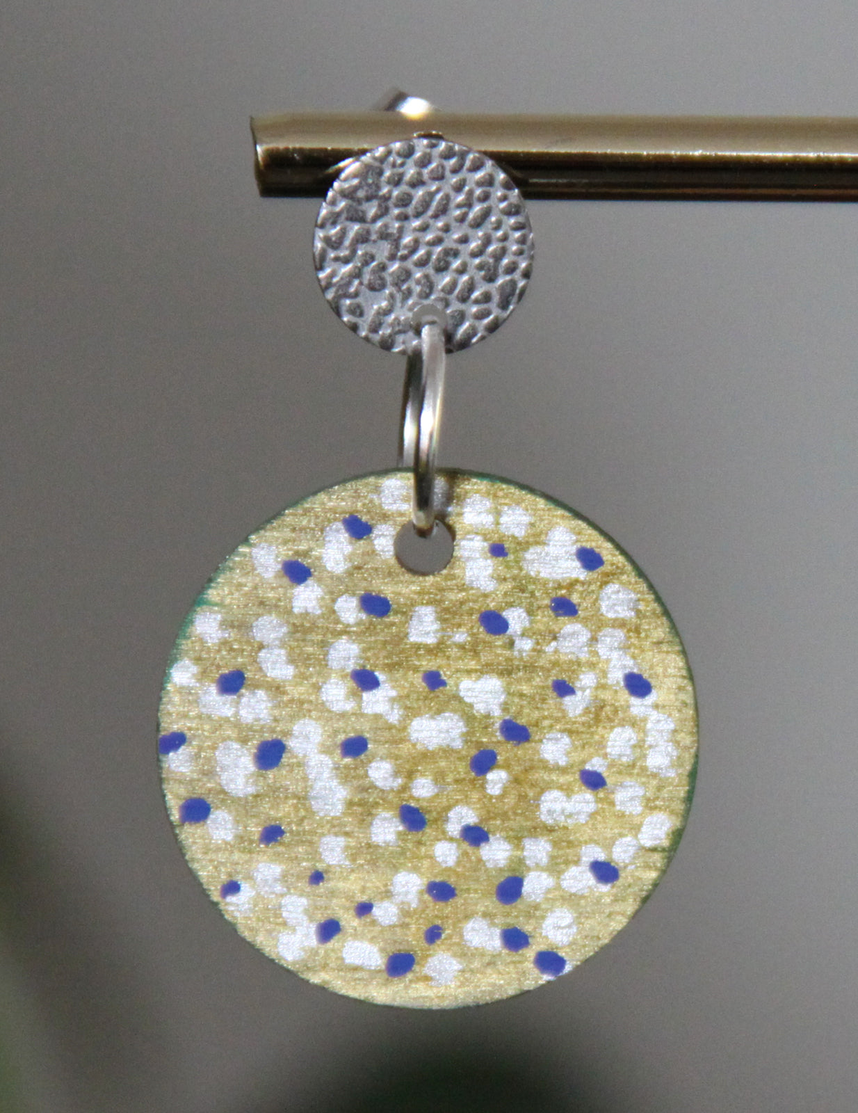 Gold with Silver and Blue Polka Dots Circular Earrings