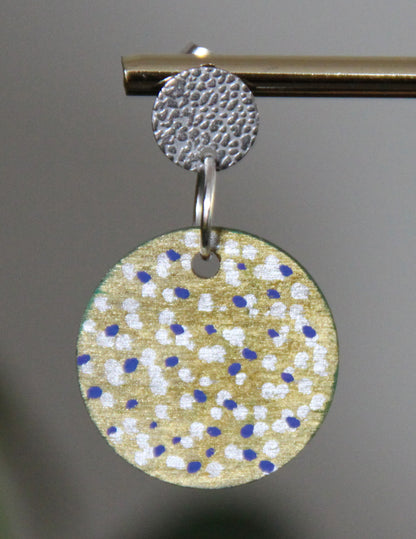 Gold with Silver and Blue Polka Dots Circular Earrings