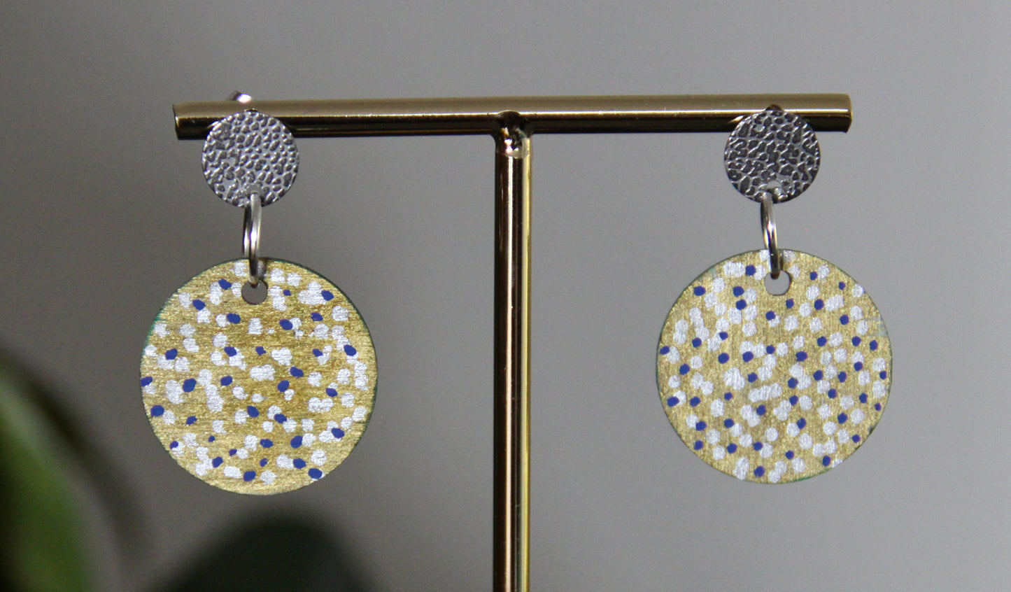 Gold with Silver and Blue Polka Dots Circular Earrings