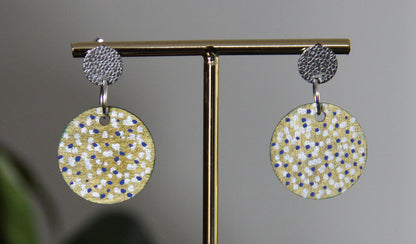 Gold with Silver and Blue Polka Dots Circular Earrings