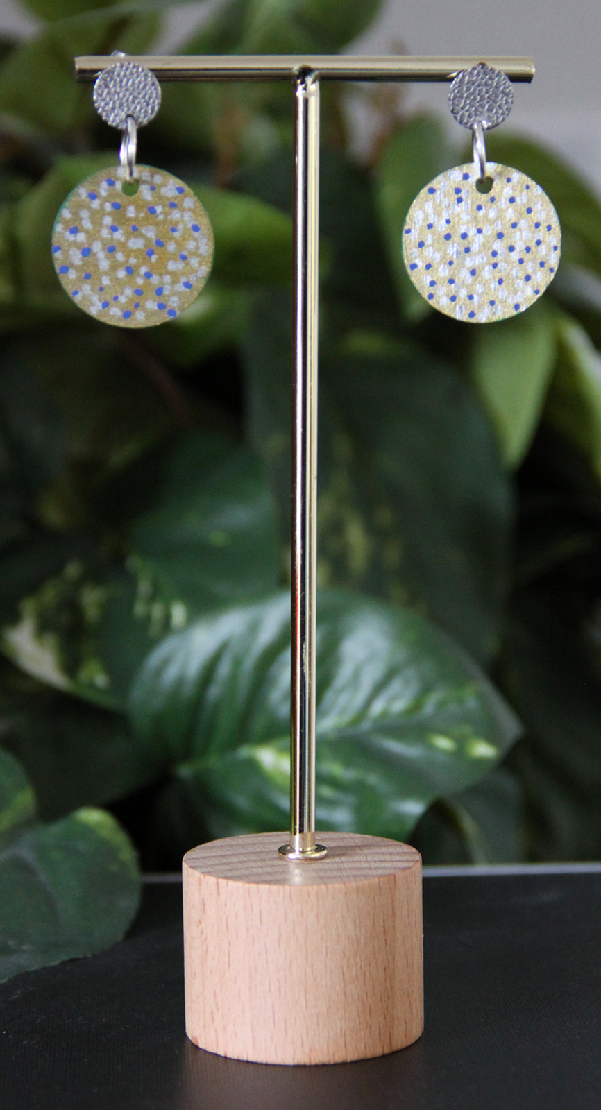 Gold with Silver and Blue Polka Dots Circular Earrings