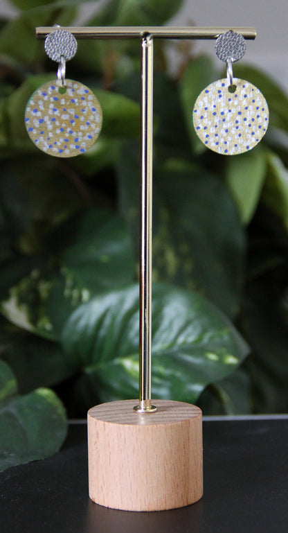 Gold with Silver and Blue Polka Dots Circular Earrings